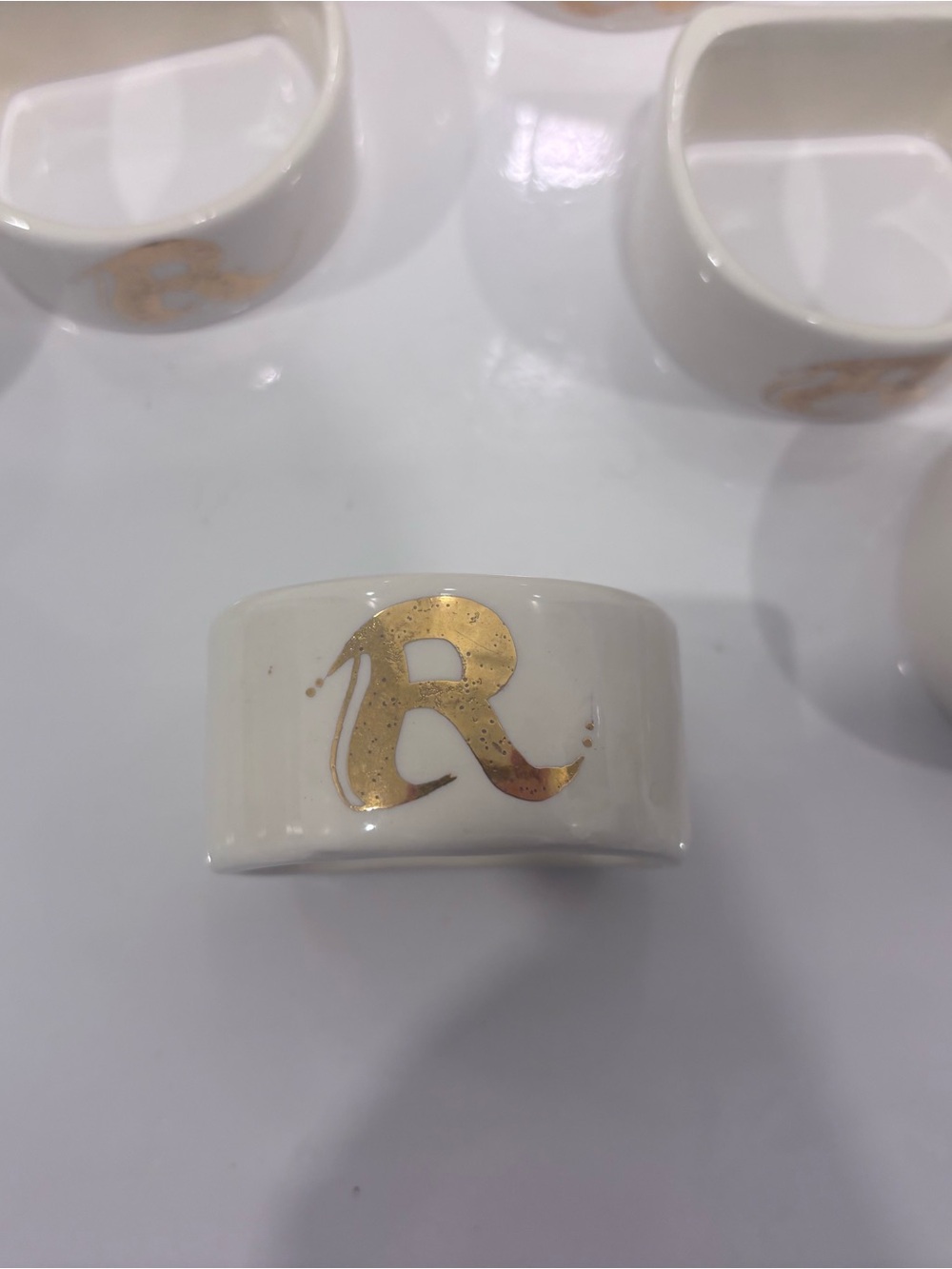 Vintage White Porcelain Napkin Ring with Gold 'R' Monogram set of 12